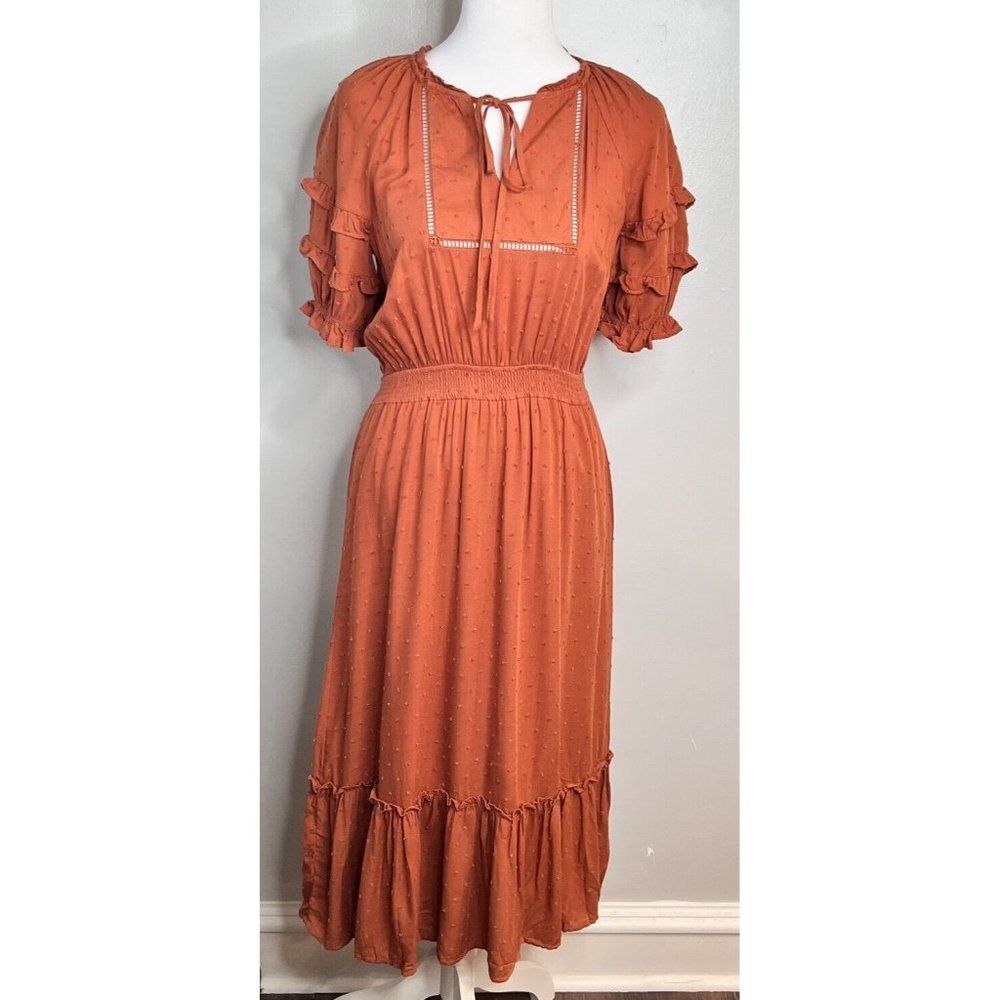 By The River Womens Midi Dress Ruffle Tiered Size S Brown CottageCore Milkmaid